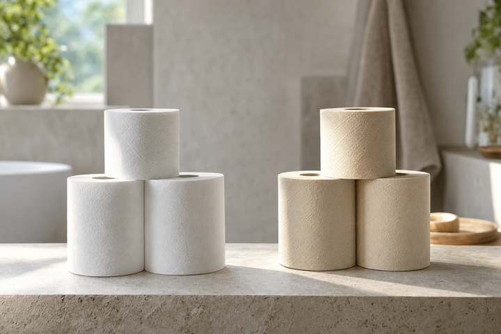 Wit gebleekt toiletpapier naast ongebleekt bamboe toiletpapier met natuurlijke creme kleur