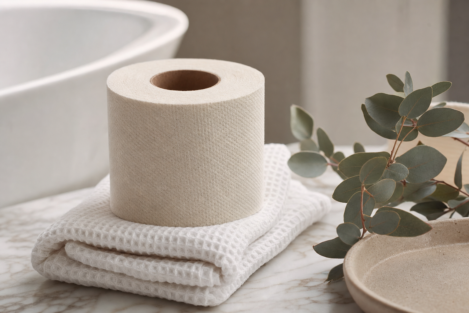 Zacht ongebleekt bamboe toiletpapier op katoenen handdoek in serene badkamer