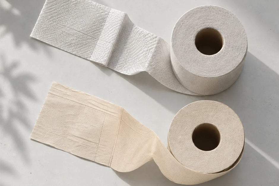 Bamboe toiletpapier naast gerecycled toiletpapier ter vergelijking