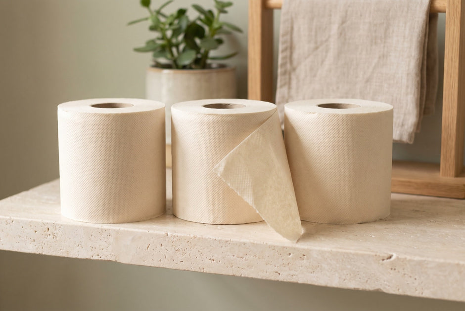 Drie rollen ongebleekt toiletpapier op een stenen plank, met een afhangend vel dat de dikte van het papier laat zien
